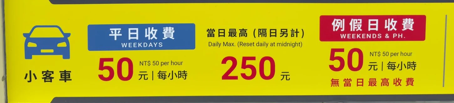 本次停車收費牌:平日每小時 50 元、當日最高 250 元,隔日另計